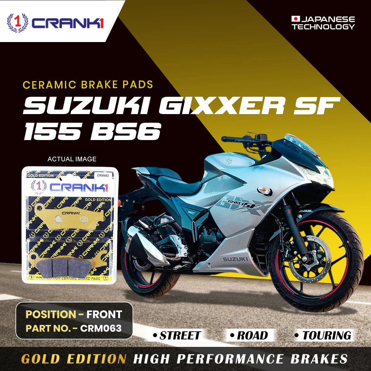 Ceramic Brake Pads For Suzuki Gixxer SF 155 BS6 - Front - CRM063 - 1 Set