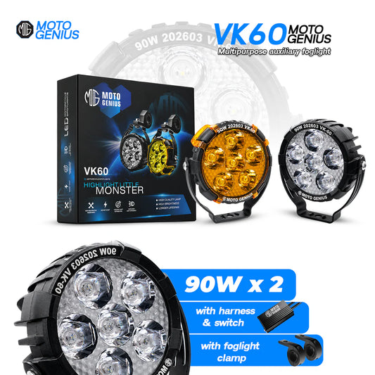 VK60 90W×2 Auxiliary Fog Lights – Dual Color High/Low Beam IP67 Waterproof with Wiring Harness & Clamp
