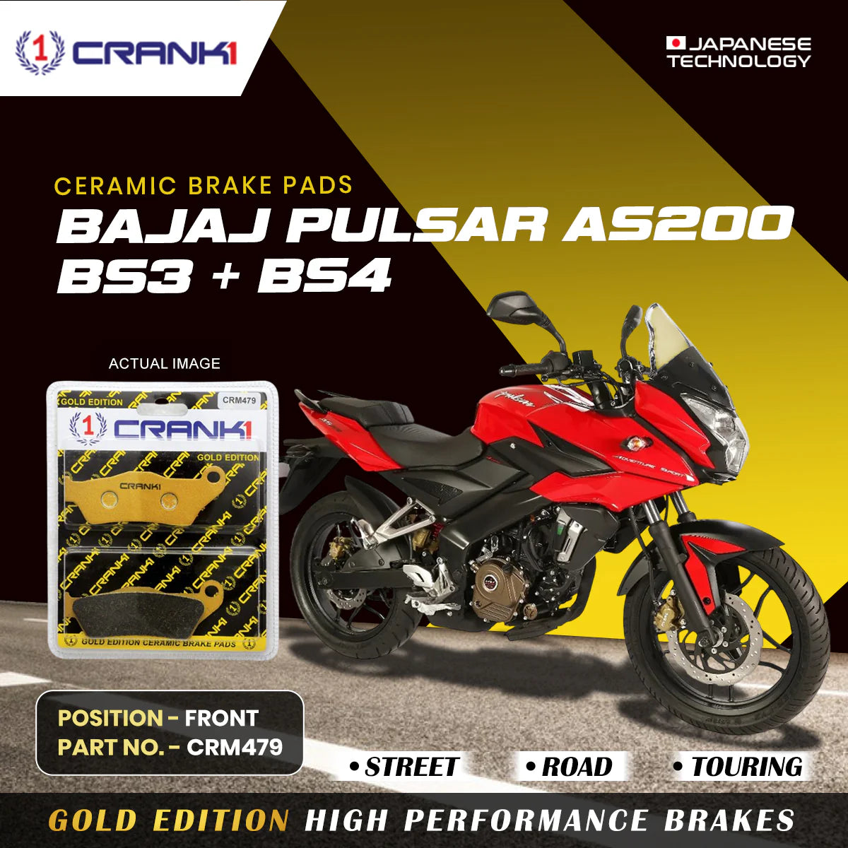 Ceramic Brake Pads For Bajaj Pulsar AS200 BS3 + BS4 - Front - CRM479 - 1 Set
