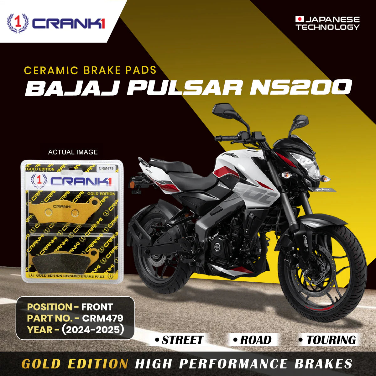 Ceramic Brake Pads For Bajaj Pulsar NS200 (2024-2025) - Front - CRM479 - 1 Set