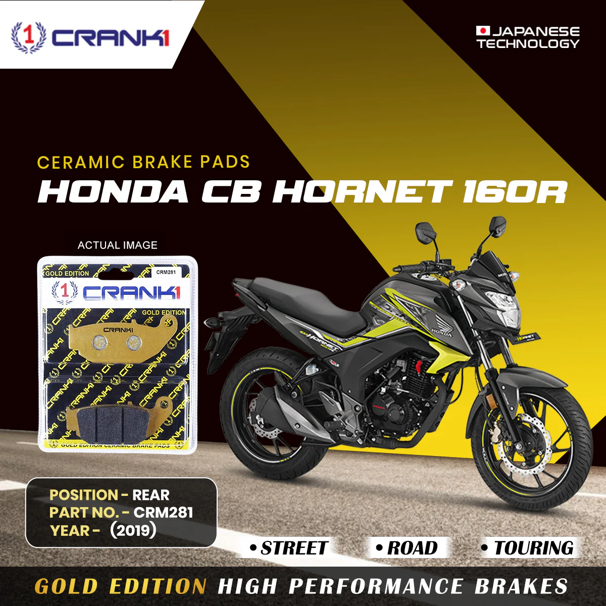 Ceramic Brake Pads For Honda CB Hornet 160R (2019) - Rear - CRM281 - 1 Set