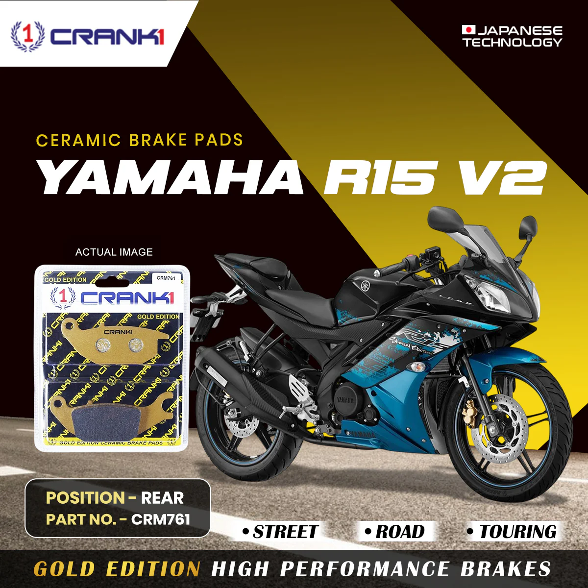 Ceramic Brake Pads For Yamaha R15 V2 - Rear - CRM761 - 1 Set