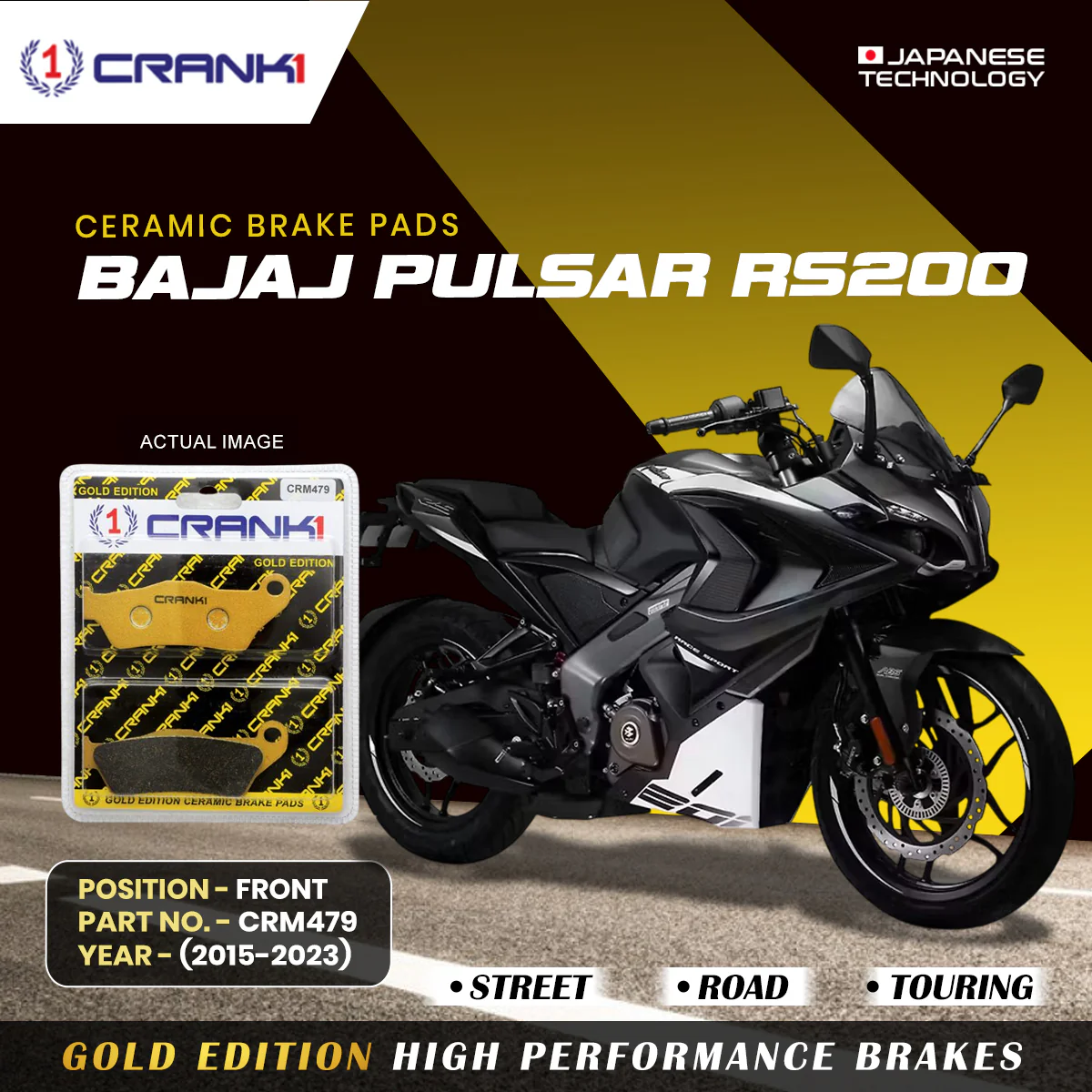 Ceramic Brake Pads For Bajaj Pulsar RS200 (2015-2025) - Front - CRM479 - 1 Set